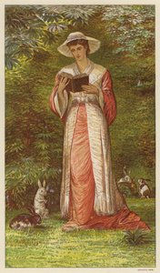 ウサギと一緒に庭で本を読んでいる女性 (色リソ) 作： English School