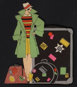 女性旅行者とその荷物（カラーリトグラフ） 作： English School