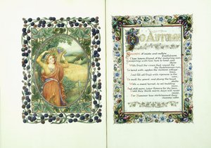 収穫バスケット（verso）と「ToAutumn」（recto）の詩と装飾写本を持った女性と装飾的な境界線 作： English School