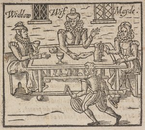 テーブルを囲む女性たちを描いた木版画「未亡人、妻、メイド 作： English School