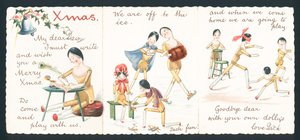 木製人形のアイススケートと演奏、クリスマスカード 作： English School