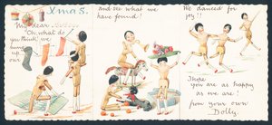 木製人形の編み物、遊び、踊り、クリスマスカード 作： English School