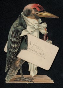ウェイターや執事に扮したキツツキ、クリスマスのグリーティング カード (chromolitho) 作： English School