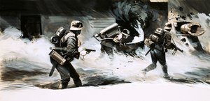 第二次世界大戦の兵士が火炎放射器でバンカーを攻撃 作： English School