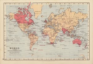 英国領と属領を示す世界（カラーリトグラフ） 作： English School