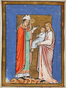 Yates Thompson 26 f.62v St. Cuthbert Healing a Child with the Plague、「St. Cuthbert の Prose Life」のイラスト、Bede (vellum) 作 作： English School