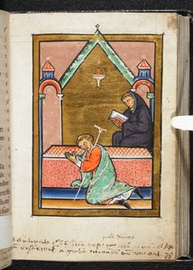 Yates Thompson Ms 26、f.79 r St Cuthbert の墓で祈る Cripple、「Bede, Prose Life of Cuthbert」のイラスト (ベラム) 作： English School