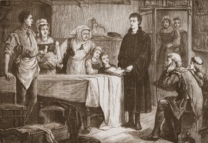 若いカルバンがブールジュの家族に聖書を説明している。 1878 作： English School