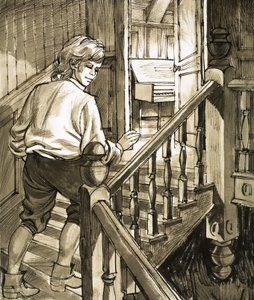 若いヘンデルはピアノを弾くために屋根裏部屋への階段を忍び寄ります 作： English School