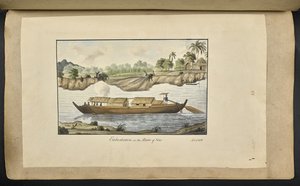 f.77 (プレート 88) ソロ川 (中部ジャワ、スラカルタ) のボート。 1817 年 2 月 4 日。前面にインクで刻まれている:「ソロ川への乗船。 1812 年 2 月 4 日」（紙に水彩） 作： English School