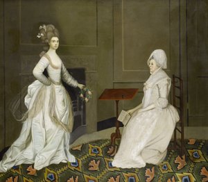 室内にいる2人の女性、一人は読書、もう一人は花輪を持つ 作： English School, 18th Century