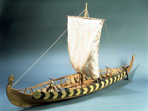 1880年にノルウェーのゴクスタッドで発見されたバイキング船のリギングモデル（木）