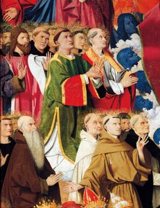 修道会と聖職者、エンゲランド・クァルトン作「処女祭壇画の戴冠式」の詳細（1410～1466年頃）、パネルにテンペラ 作： Enguerrand Quarton