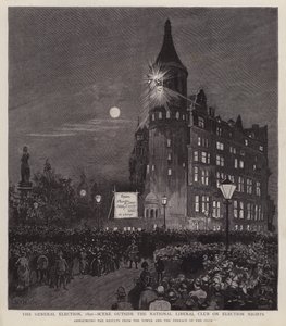 ロンドン、ウェストミンスターのリベラルクラブからの1892年総選挙の結果発表（リトグラフ版 作： Enoch Ward