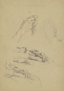 手の六つの研究、1870年から90年（黄褐色の紙にグラファイトとチョーク） 作： Enoch Wood Perry