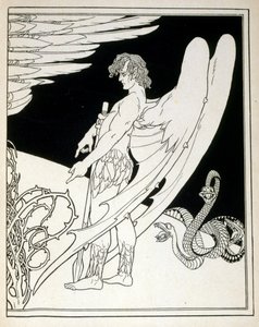 エフライム・モーゼス・リリアン（1874-1925）が描いた『ユダ』に登場する巨大な天使。リリアンは、ユーゲントシュティル（ドイツのアールヌーボー）様式で制作されたシオニストの図像の父と言われている。1900年に出版された聖書の詩集「ユダ」の挿絵を担当しました。 作： Ephraim Moses Lilien
