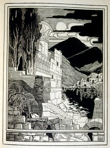 エフライム・モーゼス・リリアン（1874-1925）が描いた『ユダ』の中の「ソドムの廃墟」。リリアンは、ユーゲントシュティル（ドイツのアールヌーボー）様式で制作されたシオニストの図像の父と言われている。彼は聖書の詩人の本である「ユダ」（1900年）の挿絵を担当した。 作： Ephraim Moses Lilien