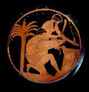ギリシア美術：陶製の赤い人物が描かれたカップ、宗教儀式の際に祭壇で豚を生け贄に捧げるメダリオン。エピドロモスの画家の作品。紀元前500年。パリ、ルーヴル美術館