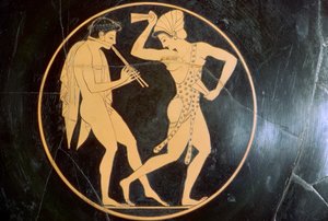 フルートを演奏する若者と踊る女性の花瓶絵、紀元前6世紀 作： Epikektos