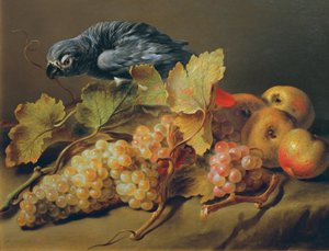 オウムとブドウのある静物 作： Erasmus von Engert