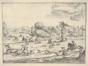 風景の中のイノシシ狩り、カリフォルニア州。 1620-38。