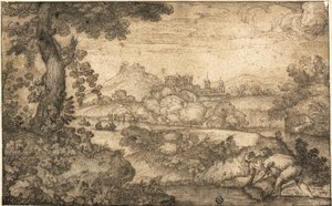 小麦を手前に結んでいる人物のいる風景 作： Ercole Bazicaluva