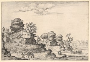農民の住居と左前景で馬を率いる男性のいる風景、...、1638年. 作： Ercole Bazicaluva