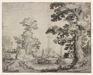 木々と丘の間に川があり、中央に 2 隻の船がある風景 作： Ercole Bazzicaluva