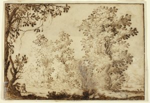 旅行者を前景にした森の風景 作： Ercole Bazzicaluva