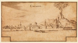 スペイン、カルタヘナの眺め、1642年頃（敷紙にペンと茶色のインク、下部に茶色のインクのフレーミングラインが階段状に描かれている） 作： Ercole Frigoni Bazzicaluva