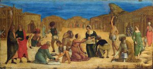 "La recolte de la manne dans le desert du Sinai" - De Ercole Roberti (Ercole Ferrarese) (c. 1450-1496) The Israelites gathering Manna Tempera on canvas 1490s National Gallery, London 28,9x63,5 作： Ercole de Roberti