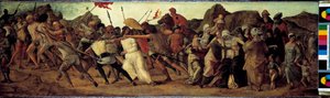 カルヴァリーまで エルコレ・デ・ロベルティ（約1450～1496）による絵画 1482年 薄暗い 35x118 cm ドレスデン、ゲマルデガレリー 作： Ercole de Roberti