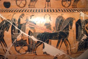 フランソワの花瓶からのカリオペと戦車に乗ったゼウスとヘラの詳細、紀元前 6 世紀 作： Ergotimos