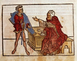ユダヤ人と高利貸しの取引 Bernard de Breydenbach (Breidenbach) (1454-1497)の聖地巡礼後の旅行記「peregrinatio in terram sanctam」からの引用。 作： Erhard Reuwich