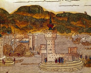 クレタ島のカンディ港（現在のイラクリオン）の眺め ベルナール・デ・ブライデンバッハ（1454-1497）の聖地巡礼の後の旅の本「peregrinatio in terram sanctam」のページ エルハルト・レの彫刻による挿絵 作： Erhard Reuwich