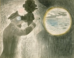 潜望鏡を覗く潜水艦（サブマリン）士官。紙に水彩と鉛筆 作： Eric Ravilious