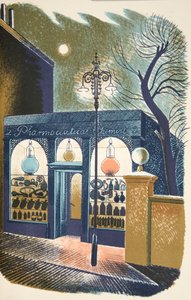 薬局、JMリチャーズによる「ハイストリート」のイラスト、Curwen Press、pubによって印刷されました。カントリーライフ、1938 作： Eric Ravilious