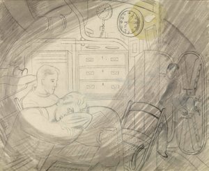潜水艦（サブマリン）の上級士官のキャビン（または広場）。エリック・ラヴィリアス（1903-1942）による鉛筆画シリーズ、第二次世界大戦中（1939-1945）に潜水艦に乗船 作： Eric Ravilious
