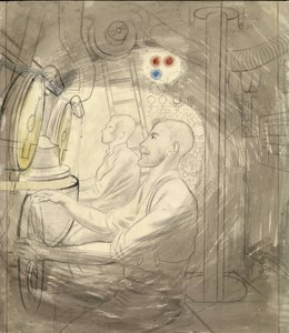 潜水艦の潜水管制室。エリック・ラヴィリアス（1903-1942）による鉛筆画シリーズ、第二次世界大戦中（1939-1945）に潜水艦に乗船。 作： Eric Ravilious
