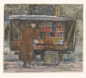 彼の本のカートの前の本屋