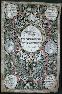 スッカ（ユダヤ教の幕屋の祭りであるスッコトを祝うために野外に建てられ、枝で覆われた小屋）の装飾（羊皮紙にテンペラとインクで描かれている