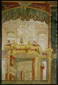 幻想的な建築とドロップカーテンのある風景画のような壁面装飾、ローマ時代の発明