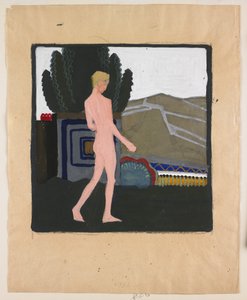 風景に立つ男性ヌード、1914年頃（紙にグワッシュ） 作： エーリッヒ・マリナ