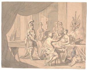 アンティークシーン。 高貴な女性が兜をかぶった戦士の前で他の女性に飾られている