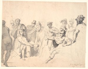 他の戦士が見守る中、戦士は切断された頭を武将に見せます 作： Erik Pauelsen
