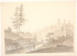 牛と 2 人の男性とノルウェーの山の風景
