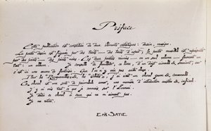 図面付きの楽譜の序文ページの原稿 作： Erik Satie