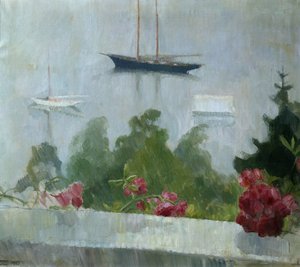 ボート、ベランダの花