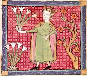 4月：植物を摘む。エルメンゴール・ド・ベジエ（マトフレ・エルメンゴー）（エルメンゴー）（1322年没）の「ブレヴィアリ・ダモール」（Breviari d