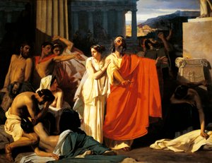 オイディプスとアンティゴネ、テーベでの疫病発生時、オイゲン・エルネスト・ヒルマッハー（1818-1887）作